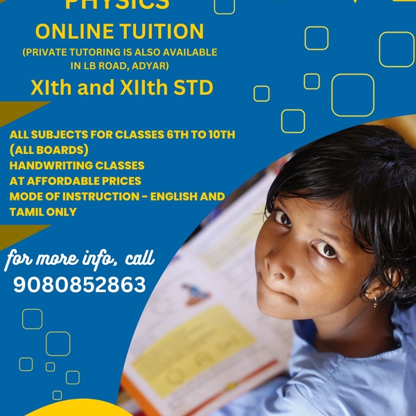 Online/in-person tuition taken for IIIrd to VIIIth (all subjects/boards) and Science/Maths/Physics for IXth to XIIth in LB road at double eight thirty eight thirty twenty six zero eight